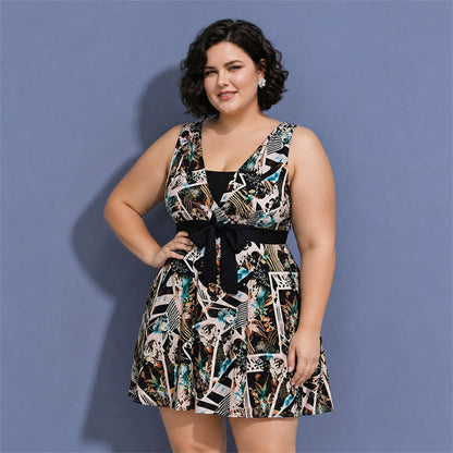 Navy Leaf Print Swimwear - Brown - 5XL - image 6