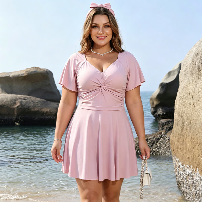 Blush Ruched V Neck Swim Dress - Pink - 6XL - image 0
