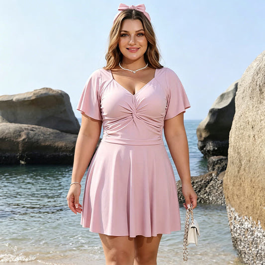 Blush Ruched V Neck Swim Dress - Pink - 6XL - image 0