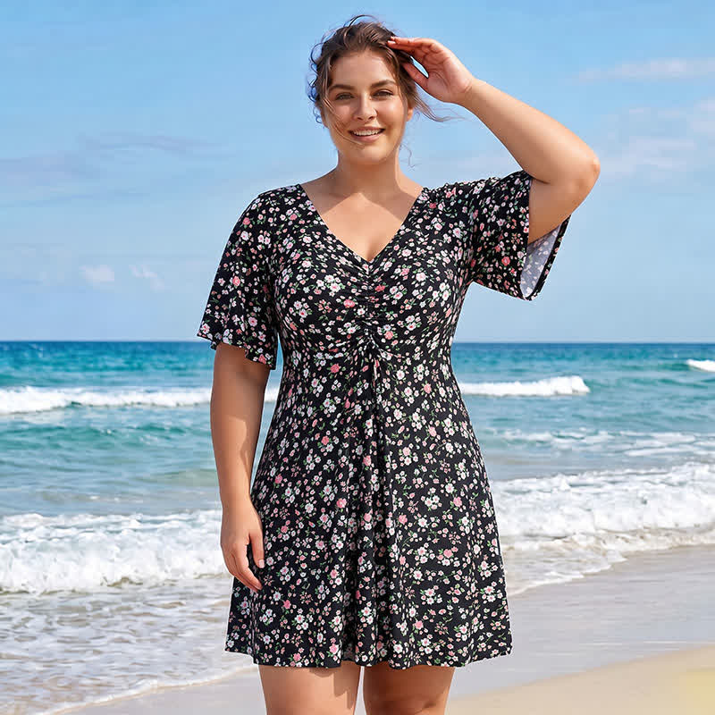 Tropical Floral V Neck Swim Dress - image 7