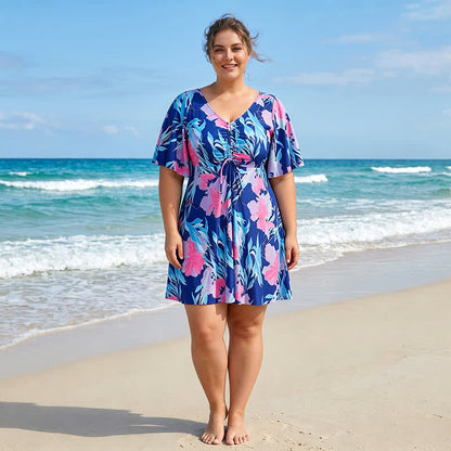 Tropical Floral V Neck Swim Dress - image 1