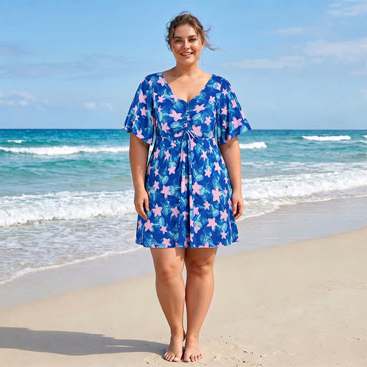 Tropical Floral V Neck Swim Dress - image 0
