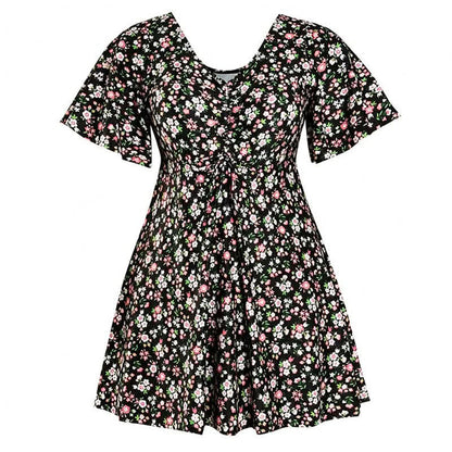 Tropical Floral V Neck Swim Dress - A - 7XL - image 12