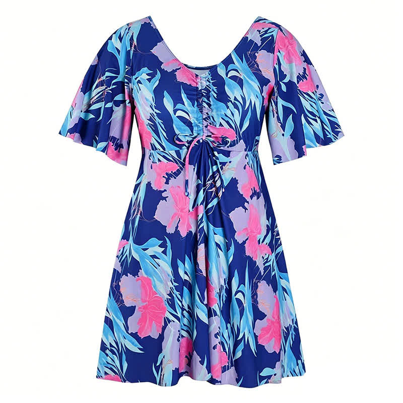 Tropical Floral V Neck Swim Dress - B - 7XL - image 13