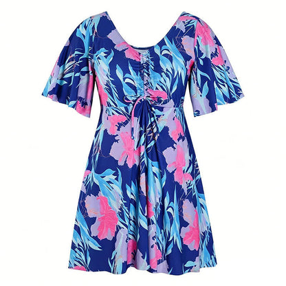 Tropical Floral V Neck Swim Dress - B - 7XL - image 13