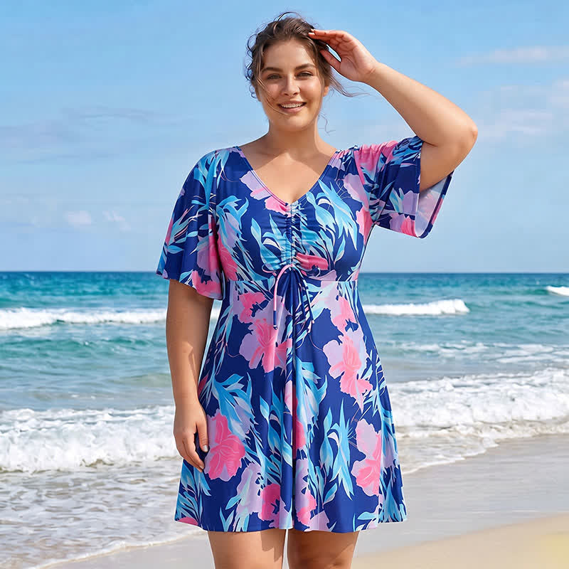 Tropical Floral V Neck Swim Dress - image 6