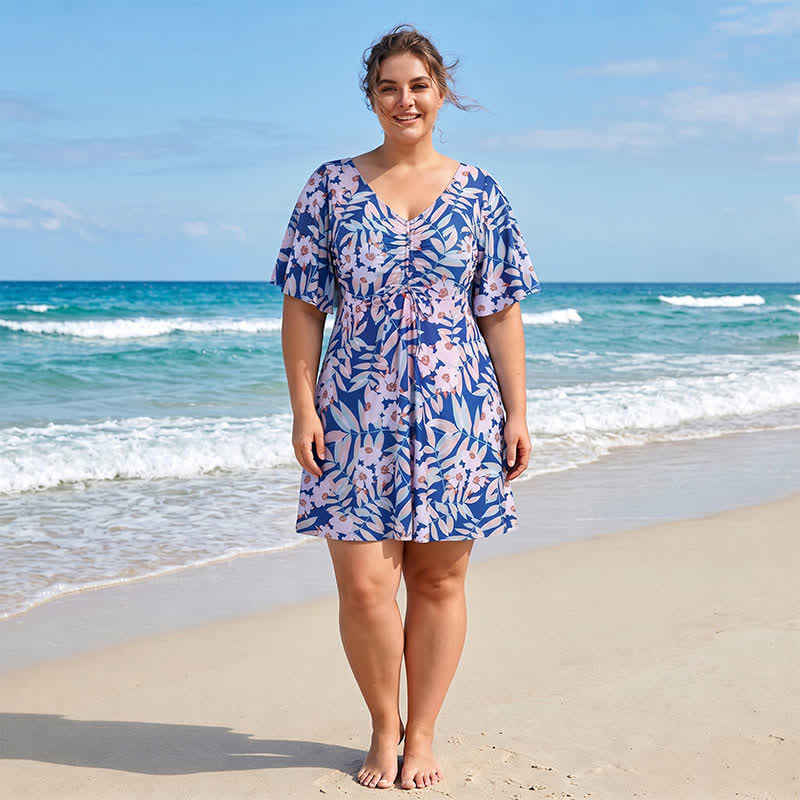 Tropical Floral V Neck Swim Dress - image 2