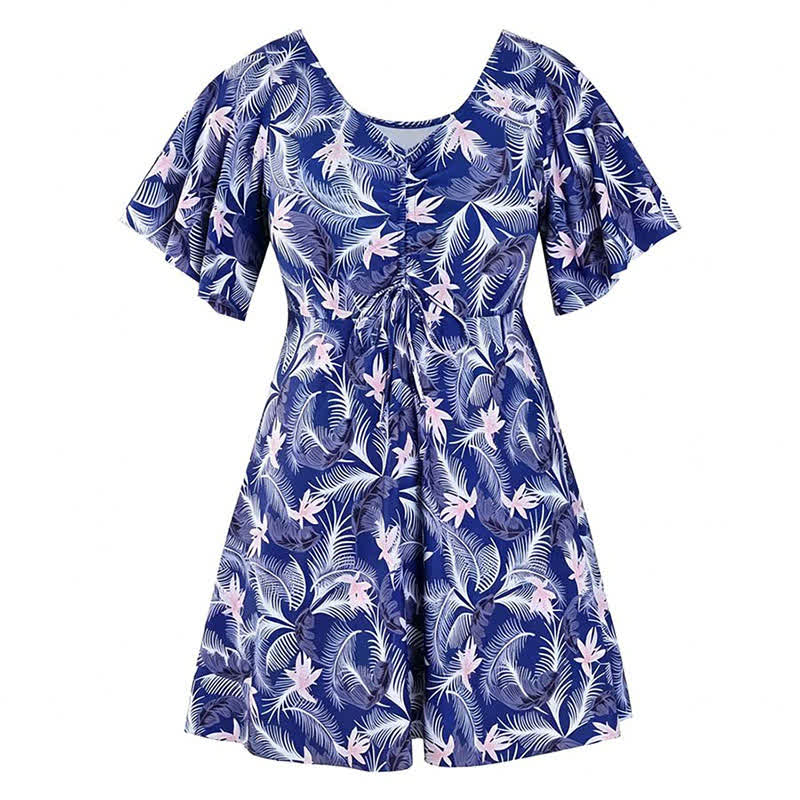 Tropical Floral V Neck Swim Dress - F - 7XL - image 17