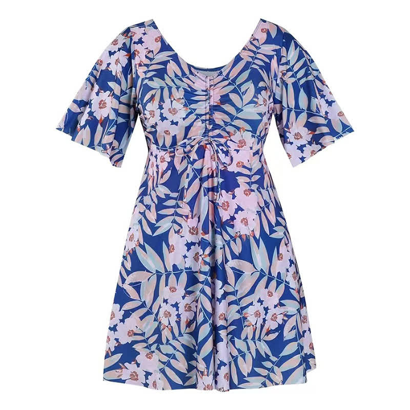 Tropical Floral V Neck Swim Dress - E - 7XL - image 16
