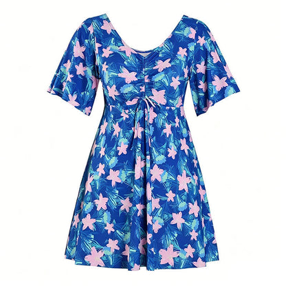 Tropical Floral V Neck Swim Dress - D - 7XL - image 15