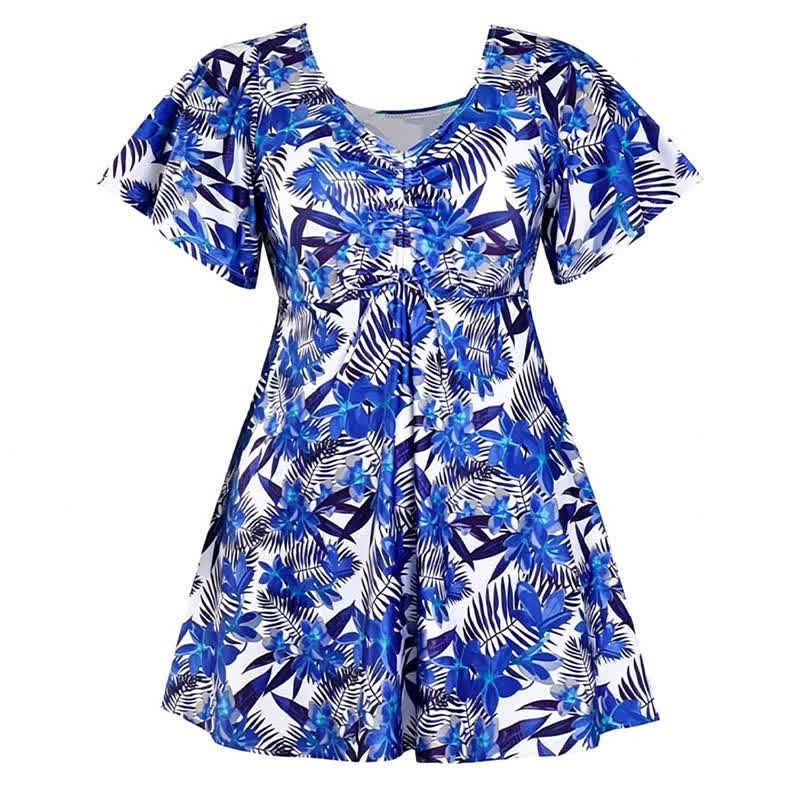 Tropical Floral V Neck Swim Dress - C - 7XL - image 14