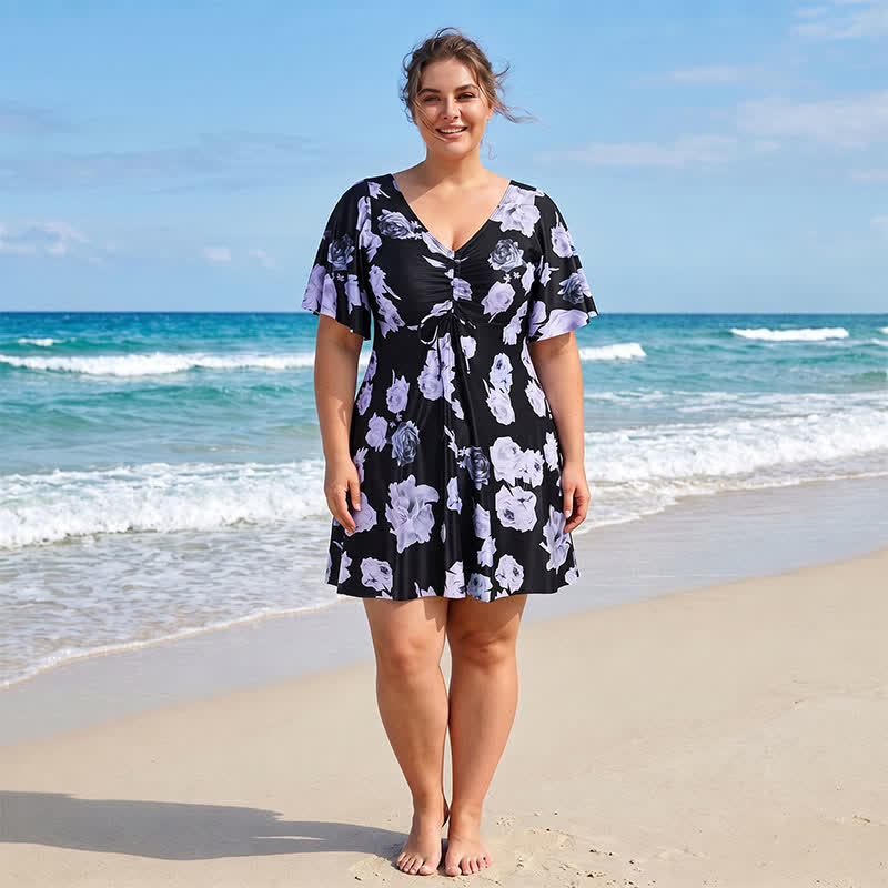 V Neck Floral Twist Front Swim Dress - B - 7XL - image 2