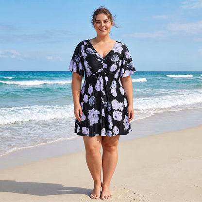 V Neck Floral Twist Front Swim Dress - B - 7XL - image 2