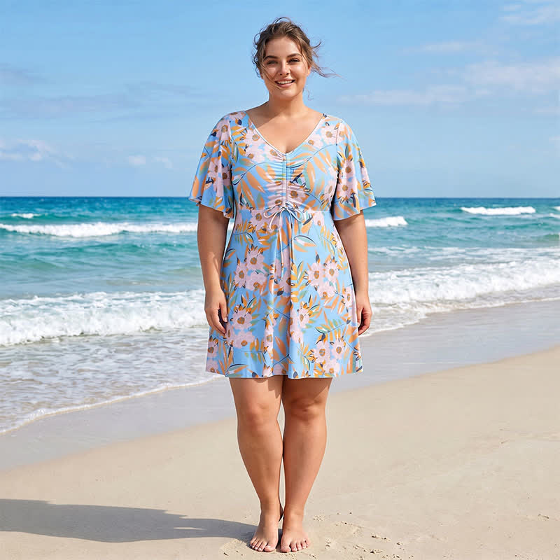 V Neck Floral Twist Front Swim Dress - A - 7XL - image 1