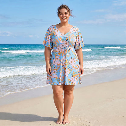 V Neck Floral Twist Front Swim Dress - A - 7XL - image 1