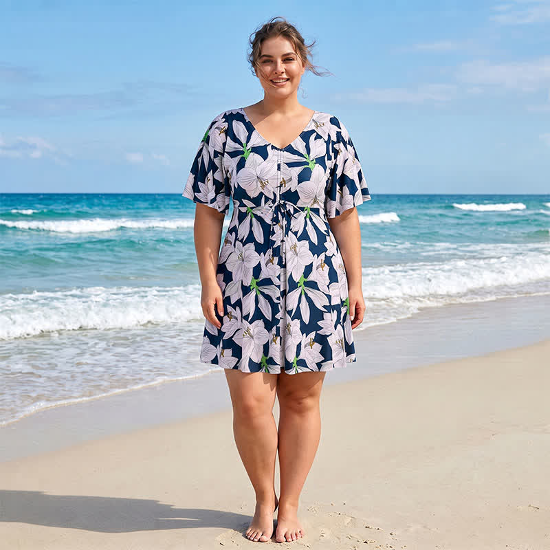 V Neck Floral Twist Front Swim Dress - C - 7XL - image 3