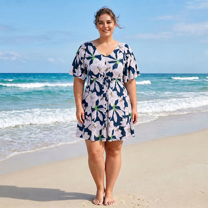 V Neck Floral Twist Front Swim Dress - C - 7XL - image 3