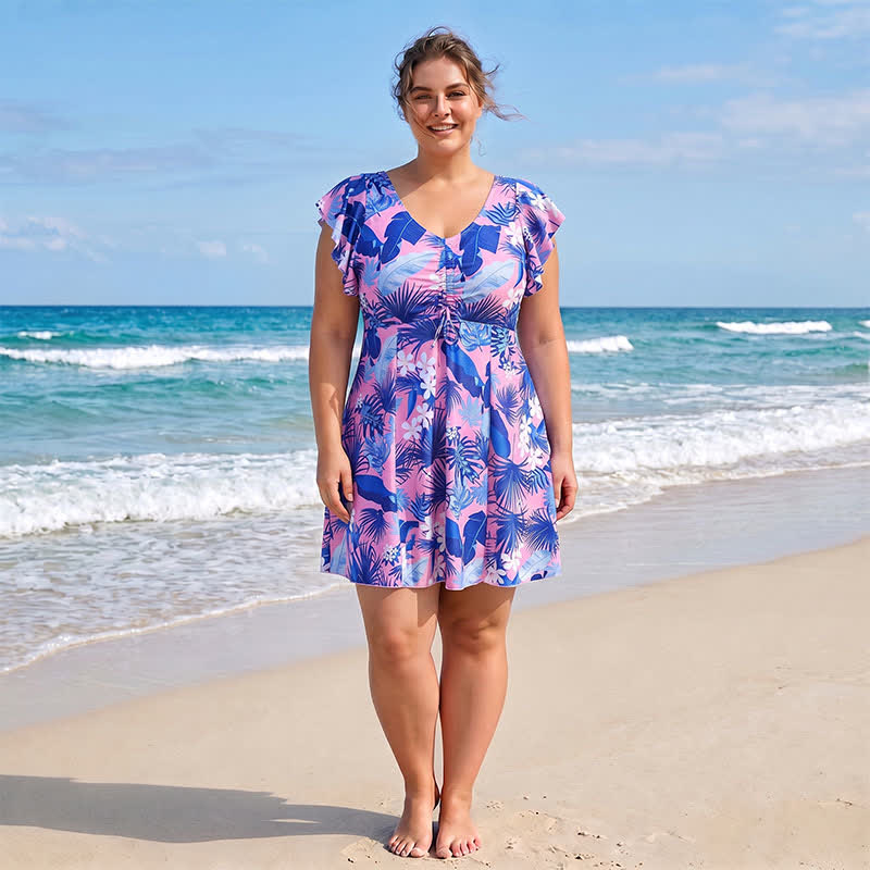 Tropical Leaf V Neck Swim Dress - image 0