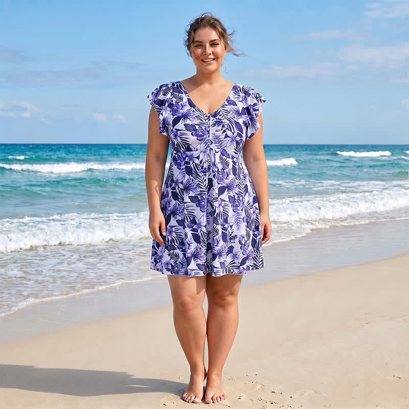 Tropical Leaf V Neck Swimwear - image 1