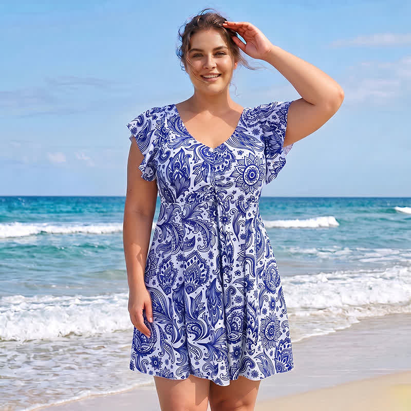 Tropical Leaf V Neck Swim Dress - image 6