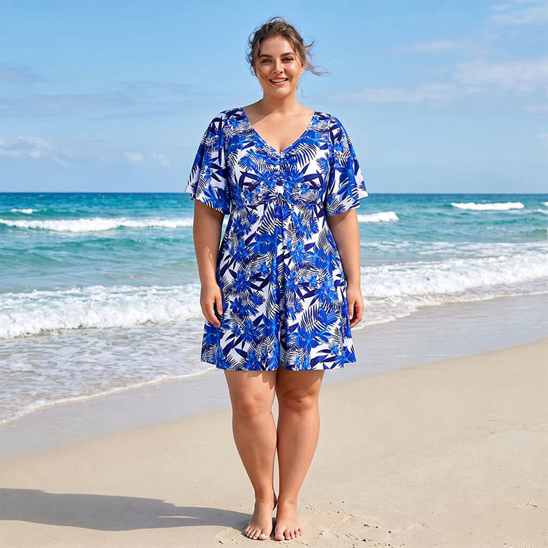 Tropical Floral V Neck Swim Dress - image 3