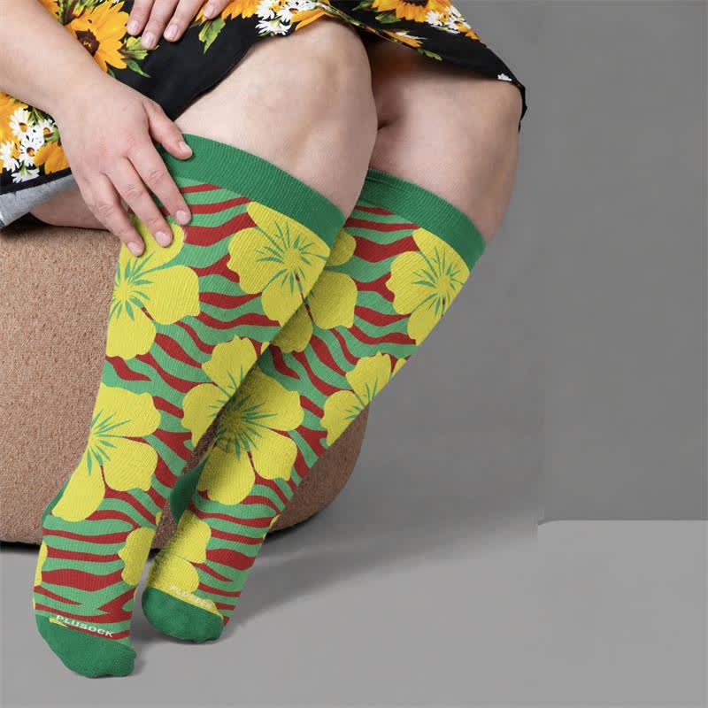 Plus Size Tropical Bloom Compression Socks - Green(1 Pair) - 4XL - image 1