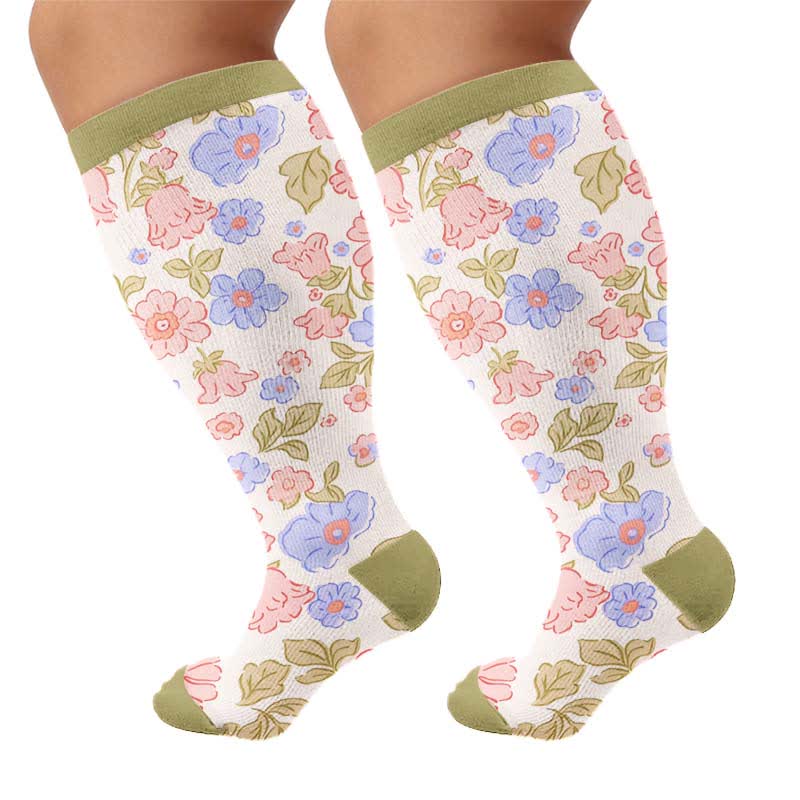 Plus Size Floral Garden Compression Socks - Green(1 Pair) - 4XL - image 9