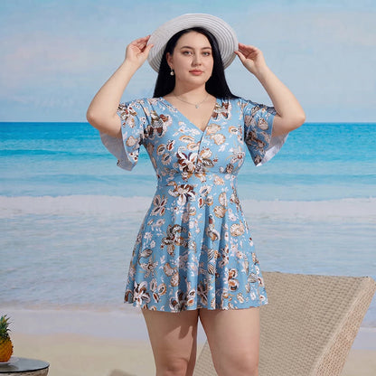 V-neck Flared Sleeve Tummy Control Swim Dress - A - 9XL - Two-Piece - image 0