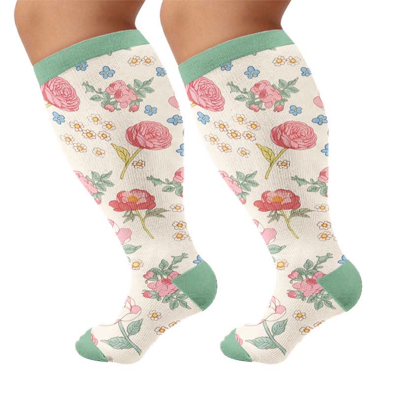 Plus Size Pastel Floral Compression Socks - Green(1 Pair) - 4XL - image 8