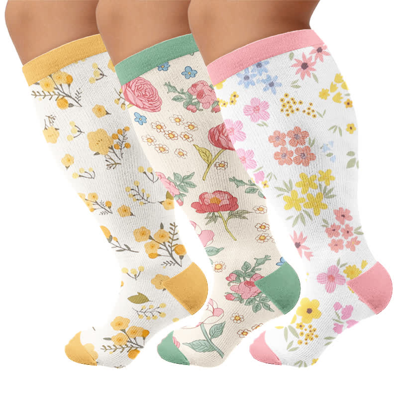 Plus Size Pastel Floral Compression Socks - Multicolor(3 Pairs) - 4XL - image 4