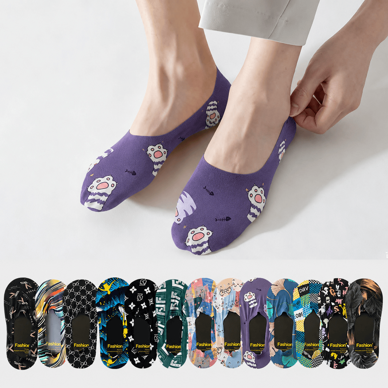 Playful Cartoon Animal Print No Show Socks(7 Pairs) - image 0