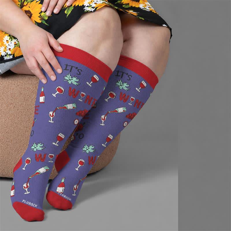 Plus Size Wine O'Clock Compression Socks - Blue(1 Pair) - 4XL - image 1