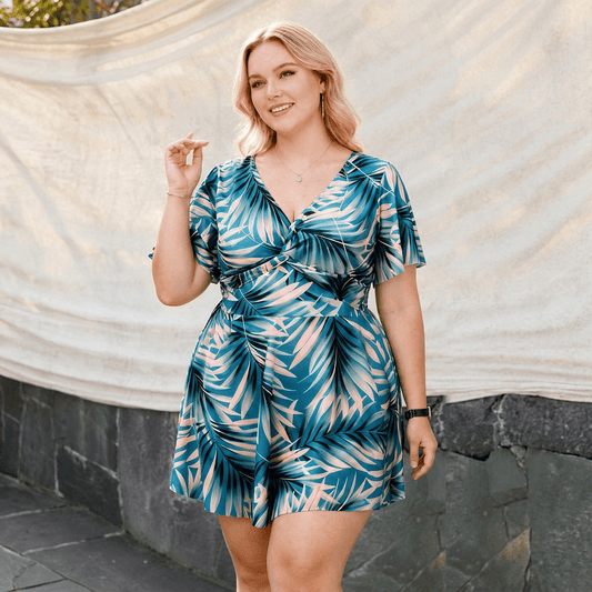 Tropical Leaf Wrap Two-Piece Swim Dress Set - Green - 4XL - image 0