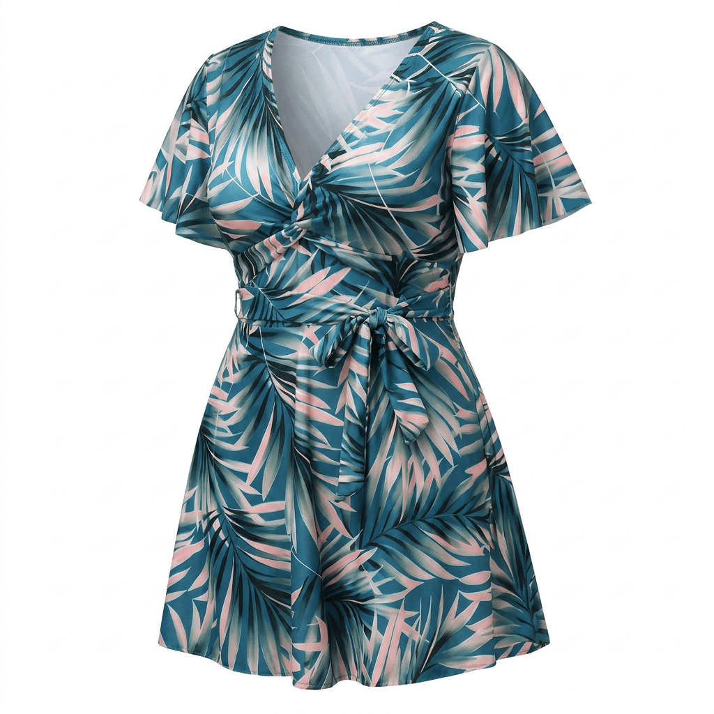 Tropical Leaf Wrap Two-Piece Swim Dress Set - image 4