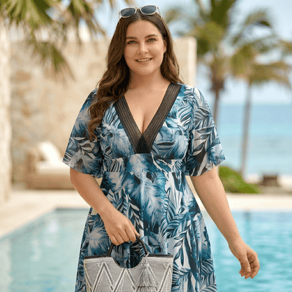 Tropical Leaf Backless Swim Dress - Blue - 3XL - image 0