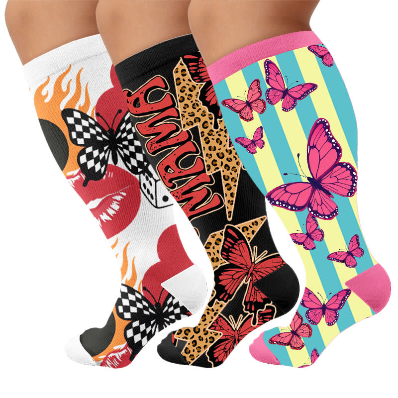Plus Size Creative Butterfly Compression Socks - Multicolor(3 Pairs) - 4XL - image 4