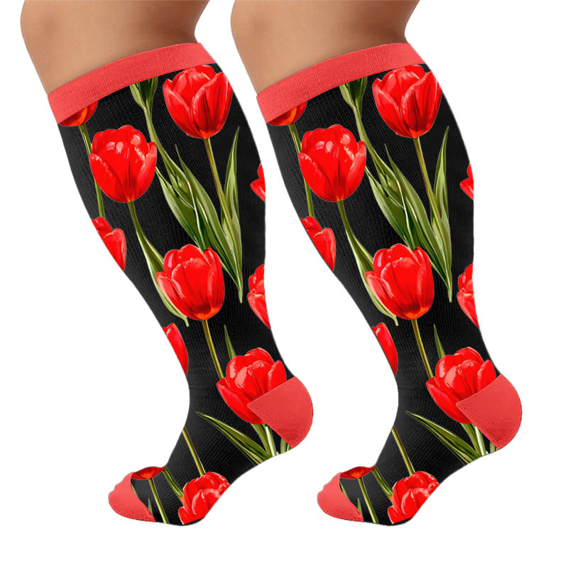 Plus Size Tulip Bloom Compression Socks - Red(1 Pair) - 4XL - image 10