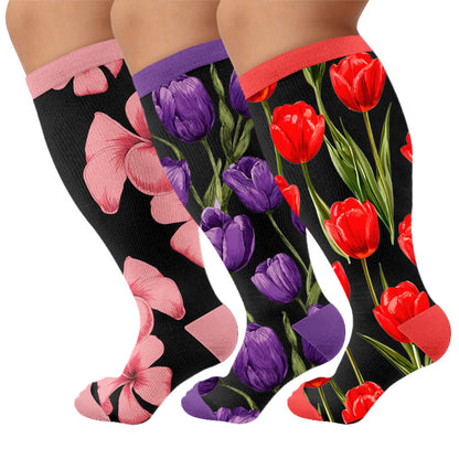 Plus Size Tulip Bloom Compression Socks - Multicolor(3 Pairs) - 4XL - image 4