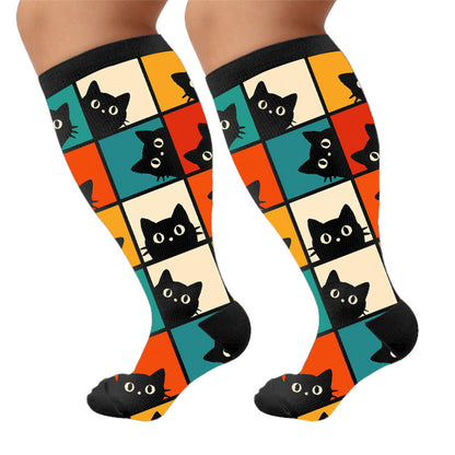 Plus Size Cartoon Black Cat Compression Socks - Black(1 Pair) - 4XL - image 10