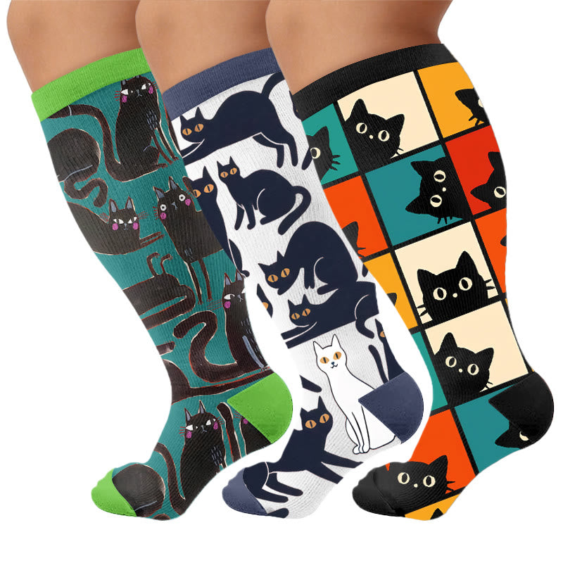 Plus Size Cartoon Black Cat Compression Socks - Multicolor(3 Pairs) - 4XL - image 4