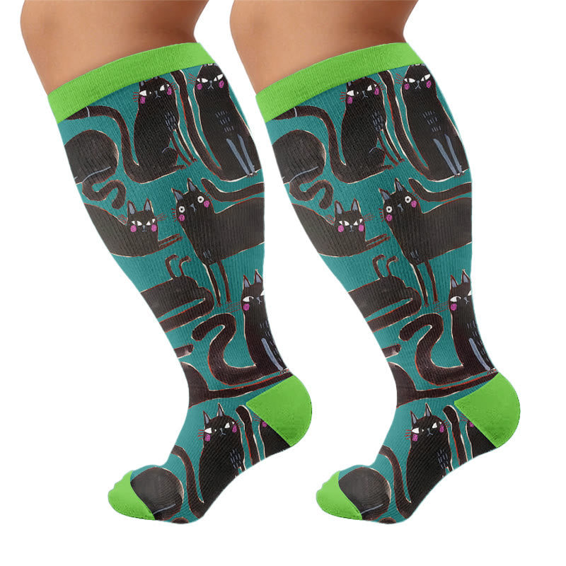 Plus Size Cartoon Black Cat Compression Socks - Green(1 Pair) - 4XL - image 8