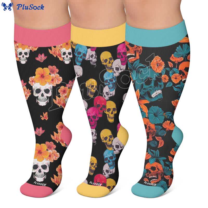Plus Size Floral Skull Compression Socks - image 0