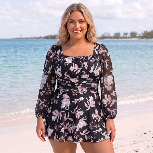 Floral Square Neck Swimwear - Black - 7XL - image 0