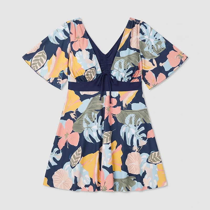Tropical Bloom V Neck Open Back Swim Dress - Navy Blue - 4XL - image 10