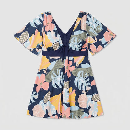 Tropical Bloom V Neck Open Back Swim Dress - Navy Blue - 4XL - image 10