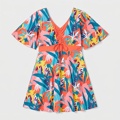 Tropical Bloom V Neck Open Back Swim Dress - Orange - 4XL - image 11