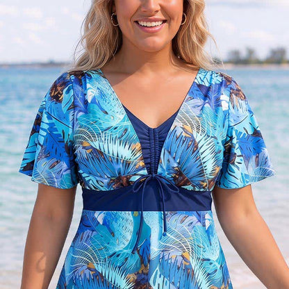 Tropical Bloom V Neck Open Back Swim Dress - image 3
