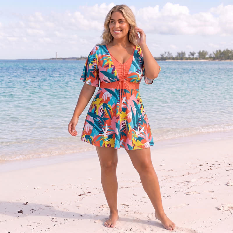 Tropical Bloom V Neck Open Back Swim Dress - image 5