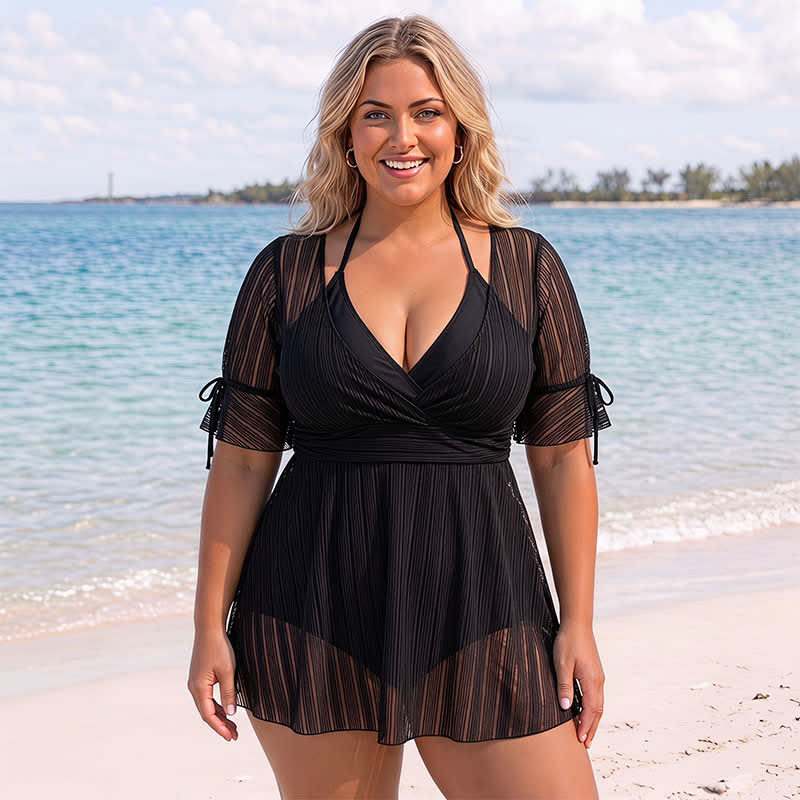 Black Sheer Wrap Swim Dress - Black - 4XL - image 0