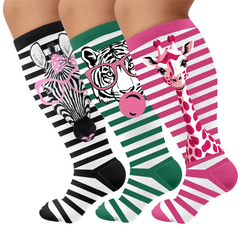 Plus Size Zebra Bow Stripe Compression Socks - Multicolor(3 Pairs) - 4XL - image 4